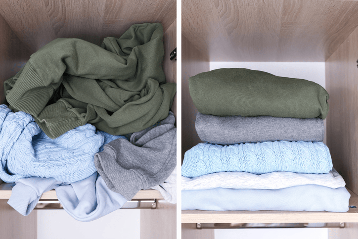 picture of disorganized drawer of sweater next to picture of organized sweaters next to it